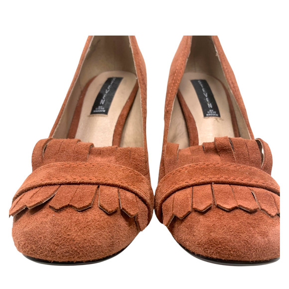 Steve Madden x Steven Jade Terra Cotta Suede Heeled Kiltie Loafers Sz 7.5 Shoes - Picture 5 of 8